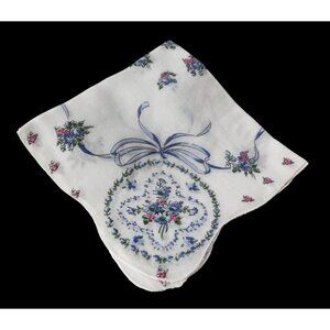 Handkerchief Hanky Hankie Vintage White & Blue with Floral Design